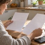 A person comparing two transfer summaries at a kitchen table beside an unbranded calculator.