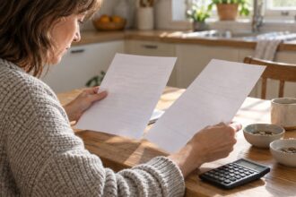 A person comparing two transfer summaries at a kitchen table beside an unbranded calculator.