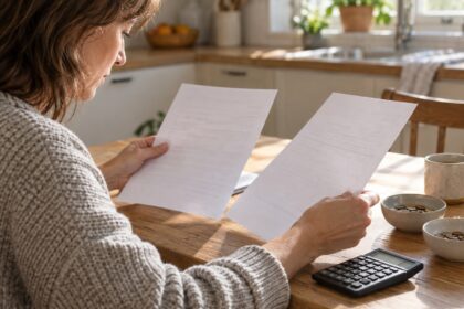 A person comparing two transfer summaries at a kitchen table beside an unbranded calculator.