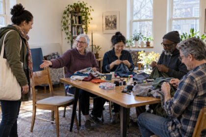 Neighbors working together on fabric repairs around a shared table in a bright community room.