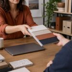 A freelance designer showing organized project materials to a client across a studio table.