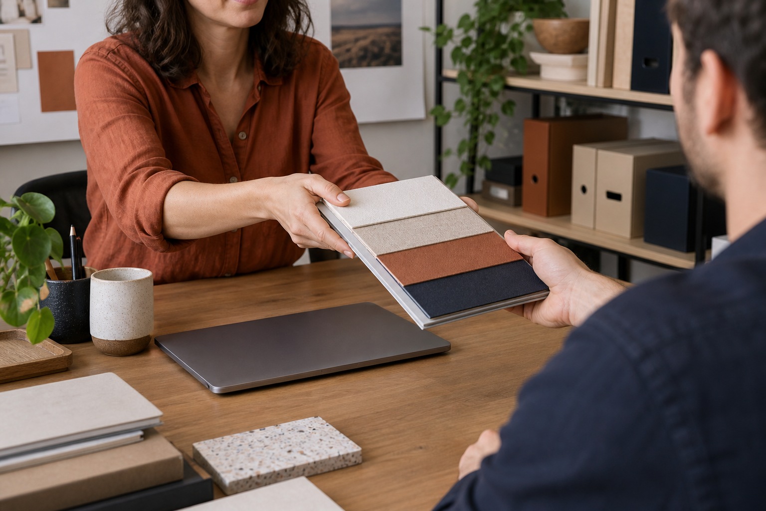 A freelance designer showing organized project materials to a client across a studio table.