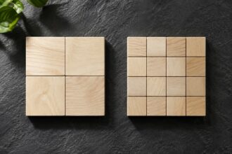 Two arrangements of wooden pieces covering equal areas illustrate a change in share count.