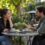 Two friends talking at a small outdoor cafe table with a phone resting between their cups.