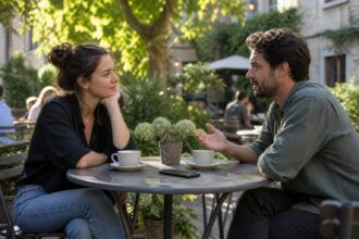 Two friends talking at a small outdoor cafe table with a phone resting between their cups.