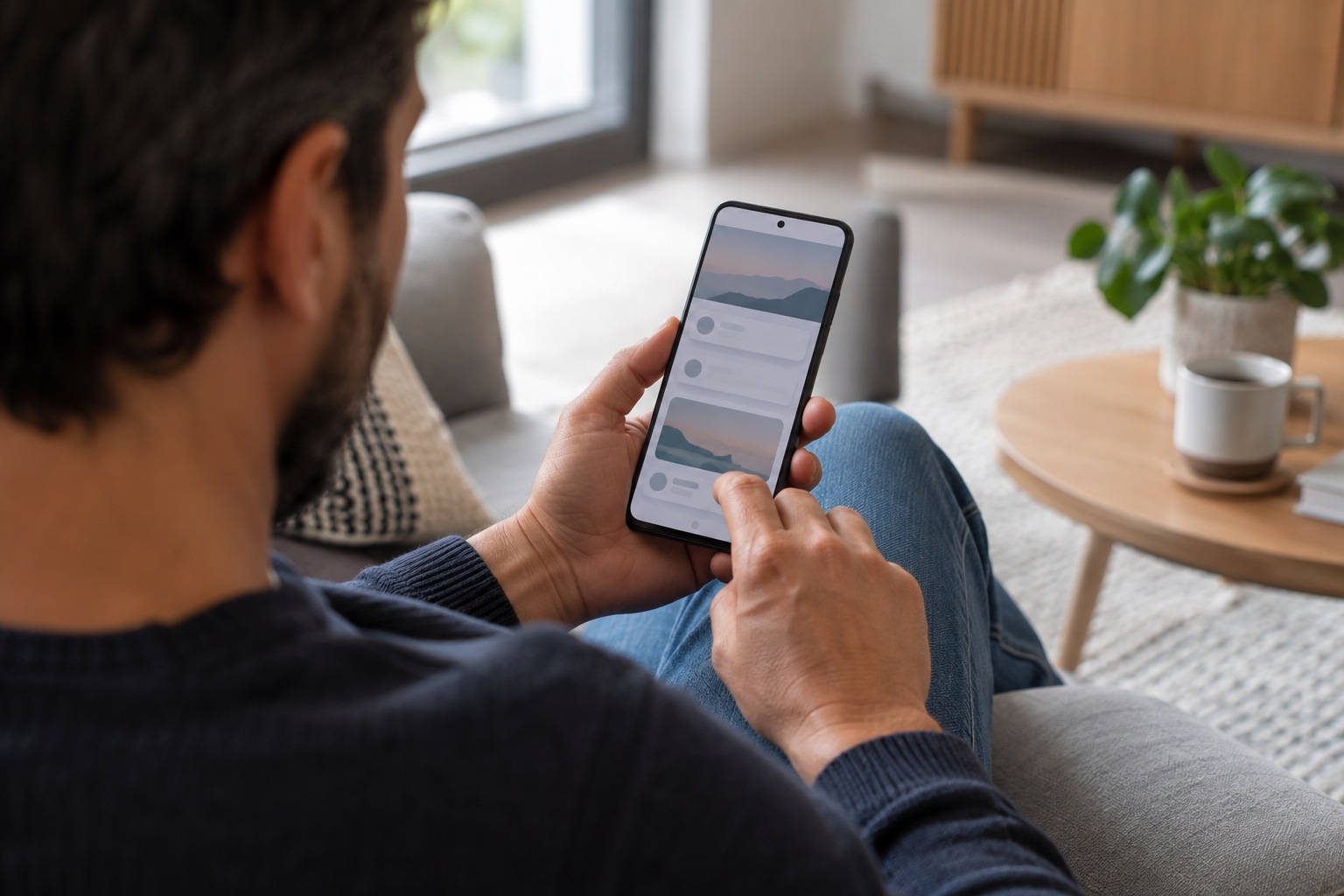 A person using an Android-style smartphone while seated beside a living-room window.