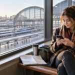 A traveler checking a phone beside a station window with a paper map and compact bag.