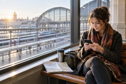 A traveler checking a phone beside a station window with a paper map and compact bag.
