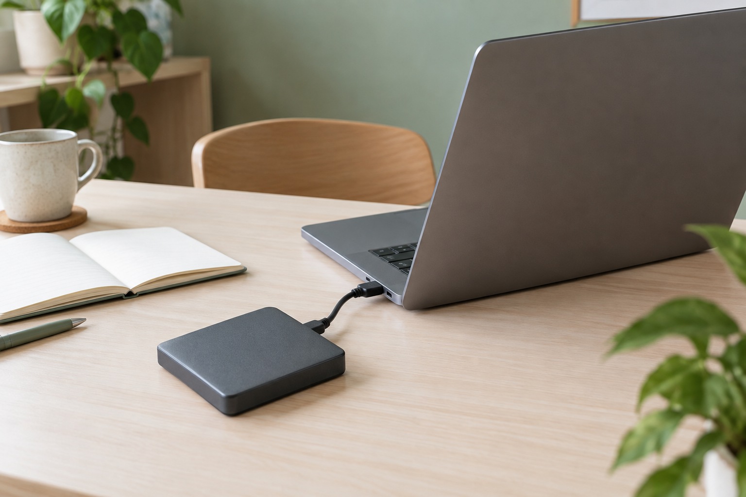 An open laptop and portable storage drive on a clean home office desk.