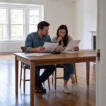 Two homebuyers comparing paper loan documents with a calculator at a dining table.
