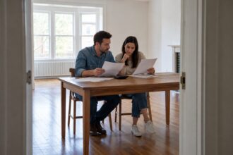 Two homebuyers comparing paper loan documents with a calculator at a dining table.