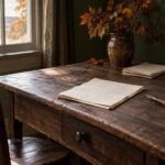 An illustrative nineteenth-century writing desk with folded blank paper, an ink bottle, and a dip pen.