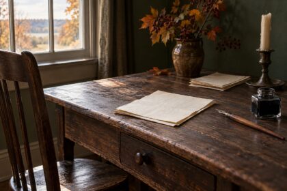 An illustrative nineteenth-century writing desk with folded blank paper, an ink bottle, and a dip pen.